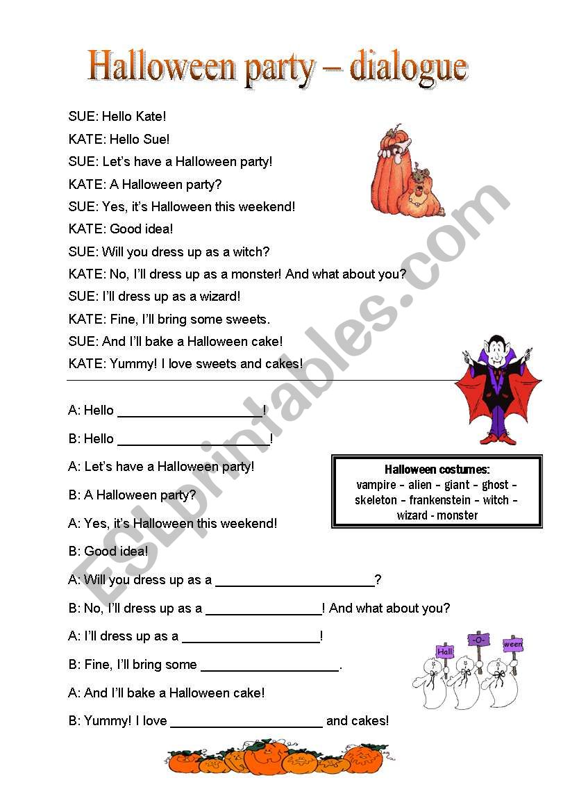 Halloween party dialogue worksheet