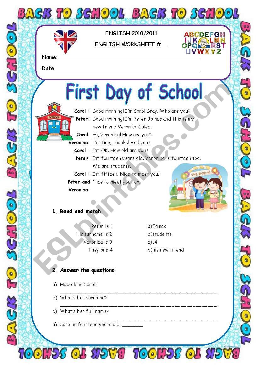 First Day of School - Personal Info Worksheet 5th Grade