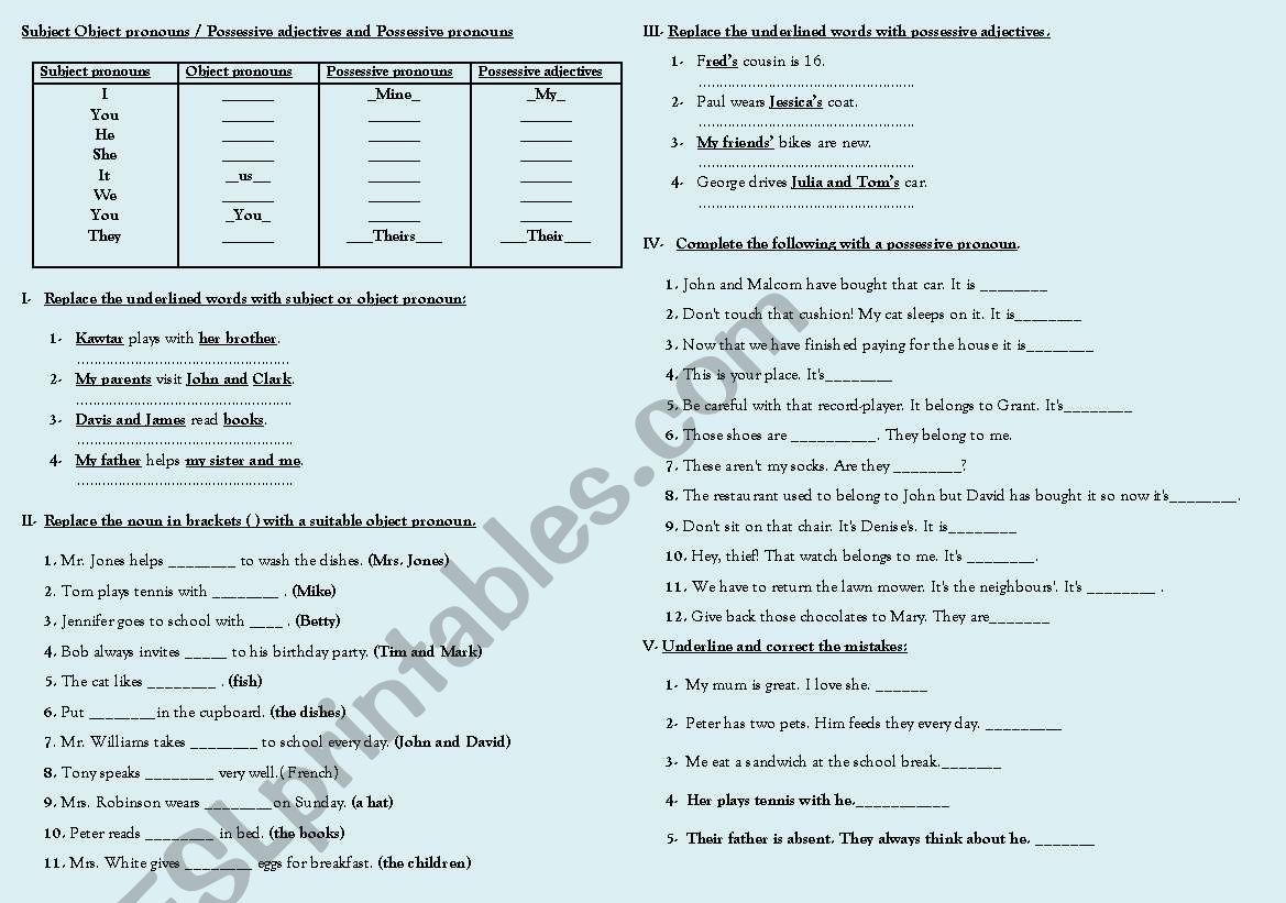 Subject - Object - Possessive Pronouns & possessive adjectives