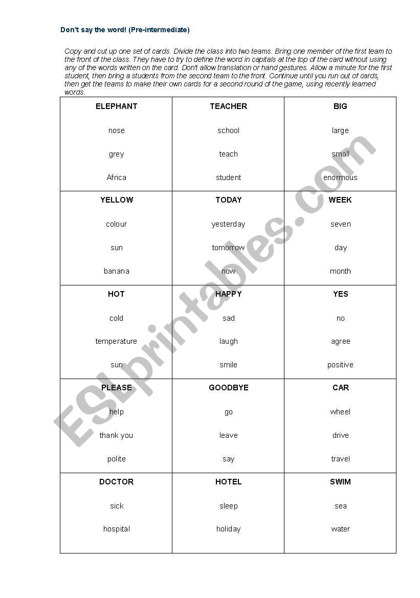 Speaking games worksheet