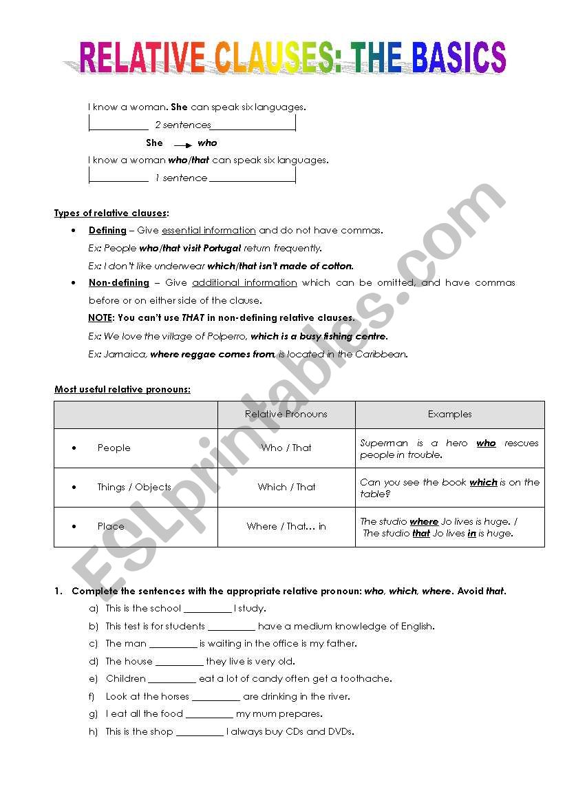 Relative clauses - the basics worksheet