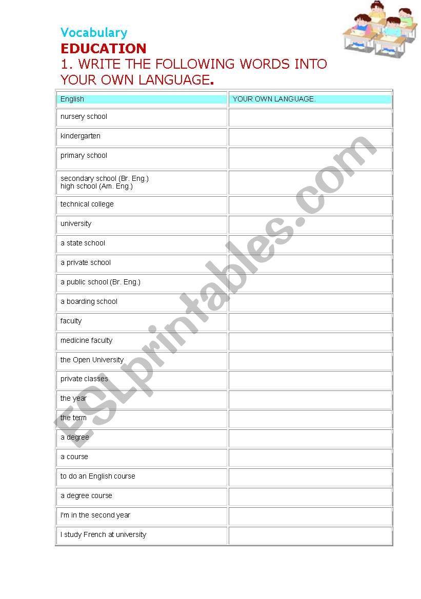 EDUCATION VOCABULARY worksheet