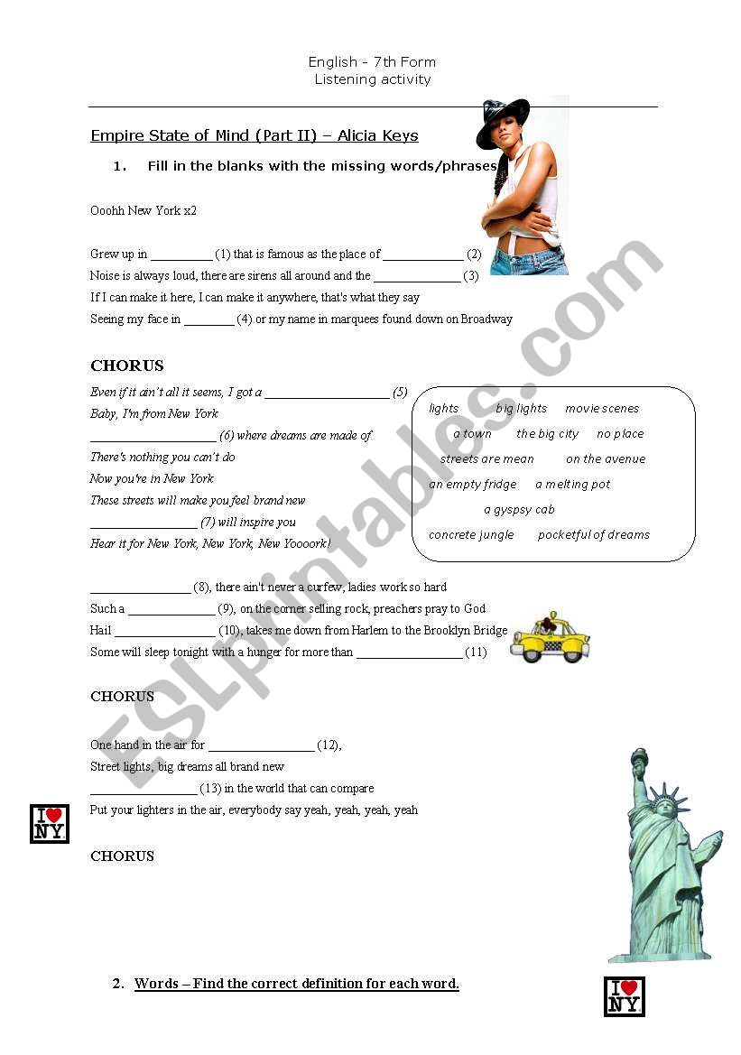 Empire State of Mind worksheet