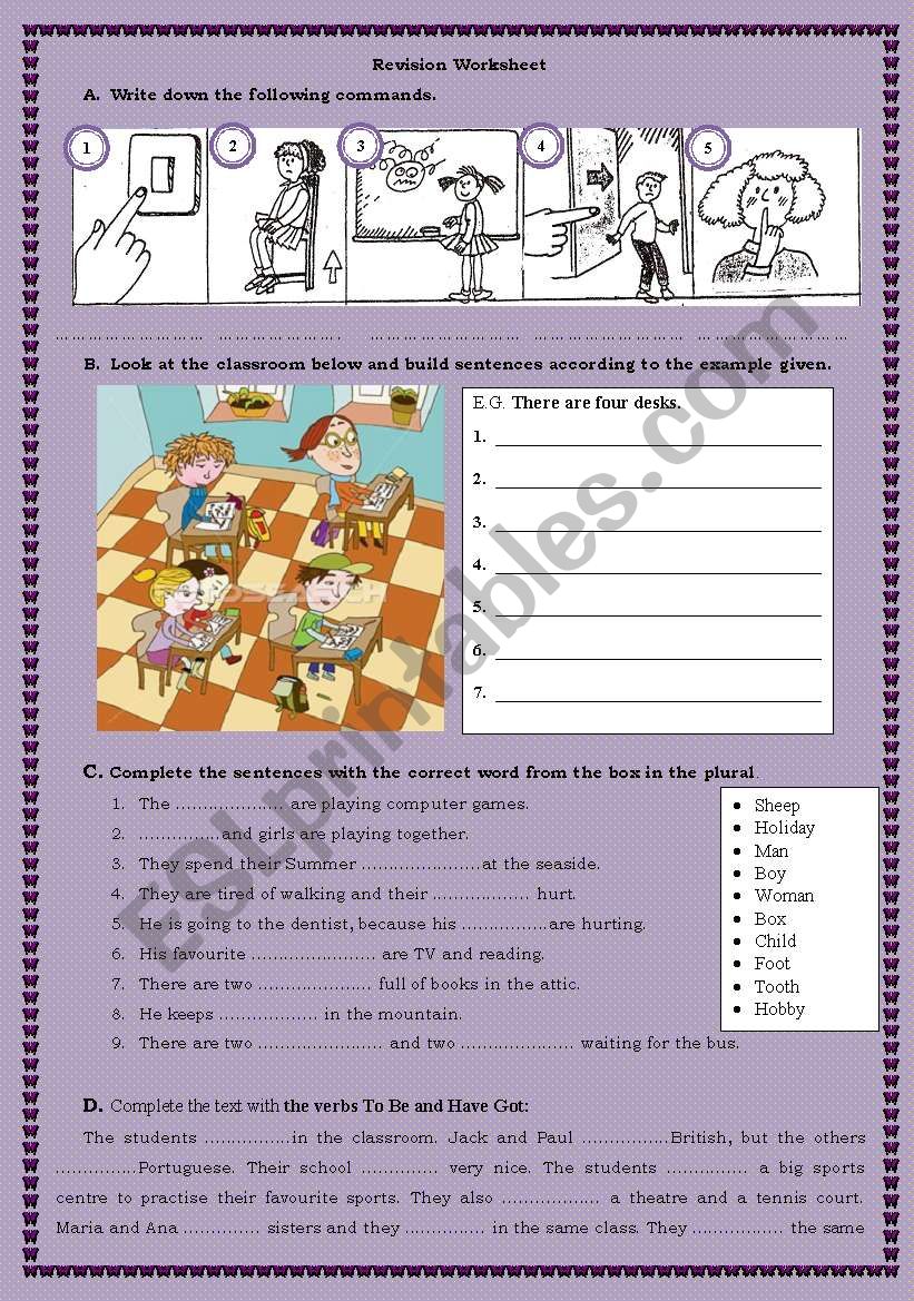 revision worksheet(imperative, classroom objects, verbs to be,there to be, to have got and possessive adjectives, irregular plurals