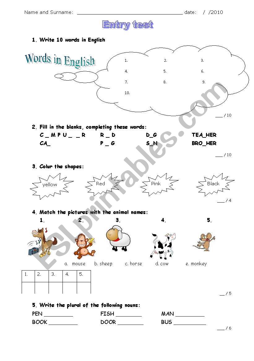 entry test for kids worksheet