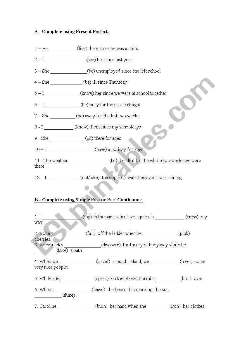 Present Perfect for/since worksheet