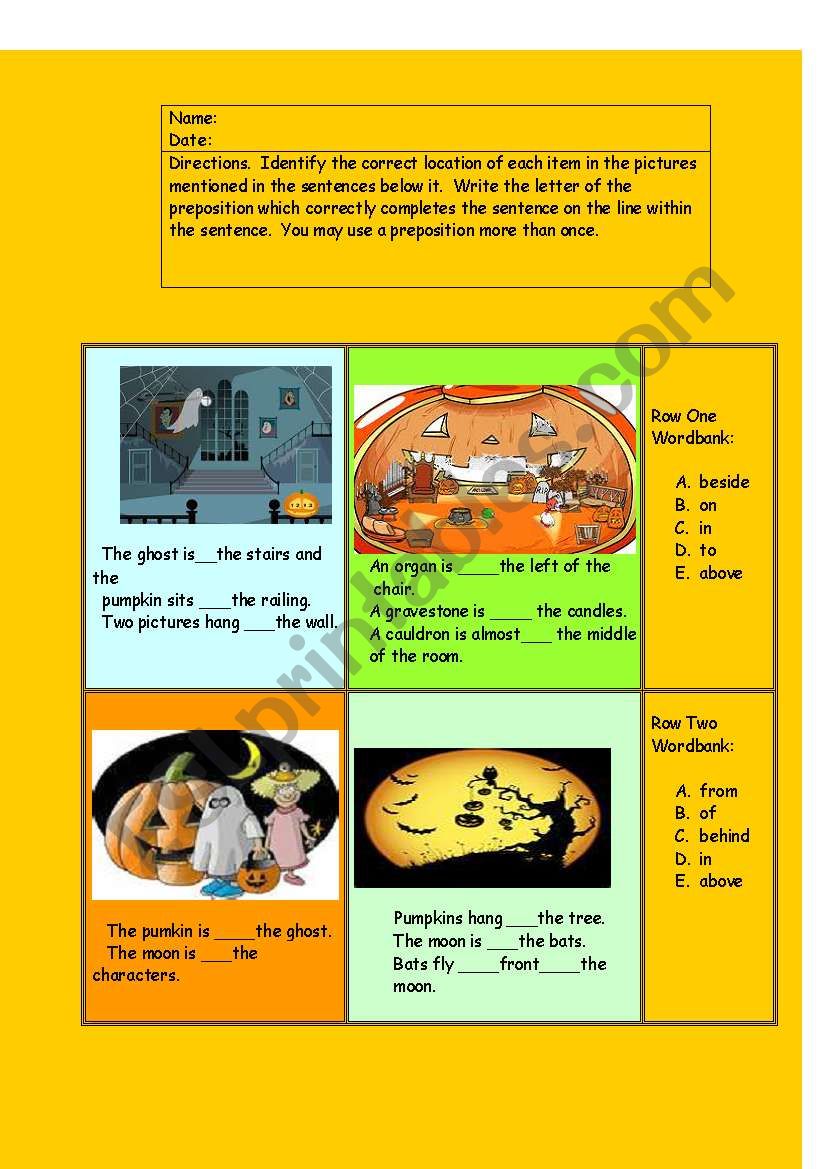 Prepostions and Halloween worksheet