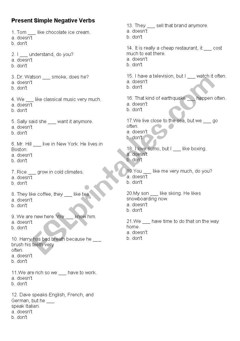 Present Simple Negative Forms worksheet