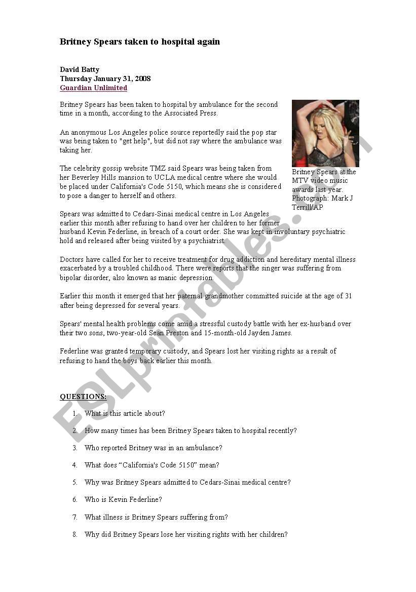 Britney Spears News worksheet