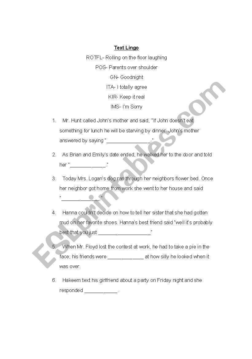 Text Lingo Worksheet worksheet