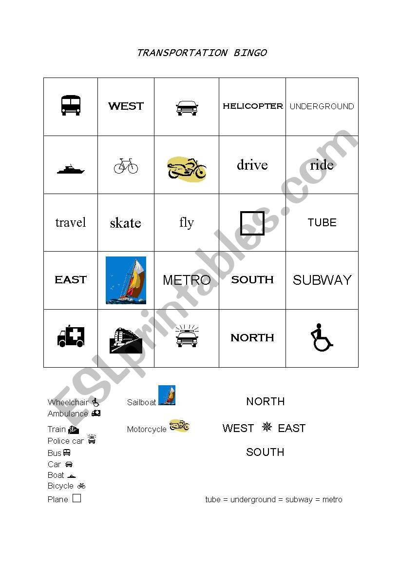 Transportation Bingo worksheet