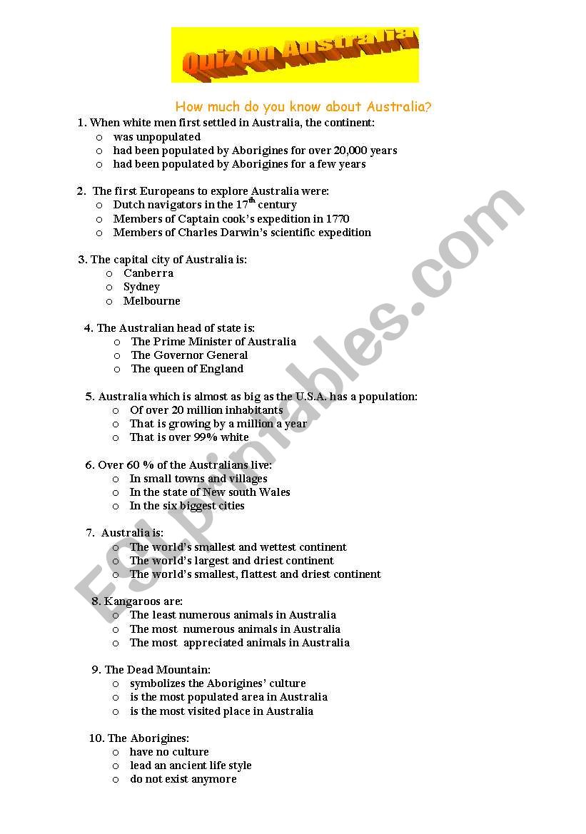 Quiz on Australia worksheet