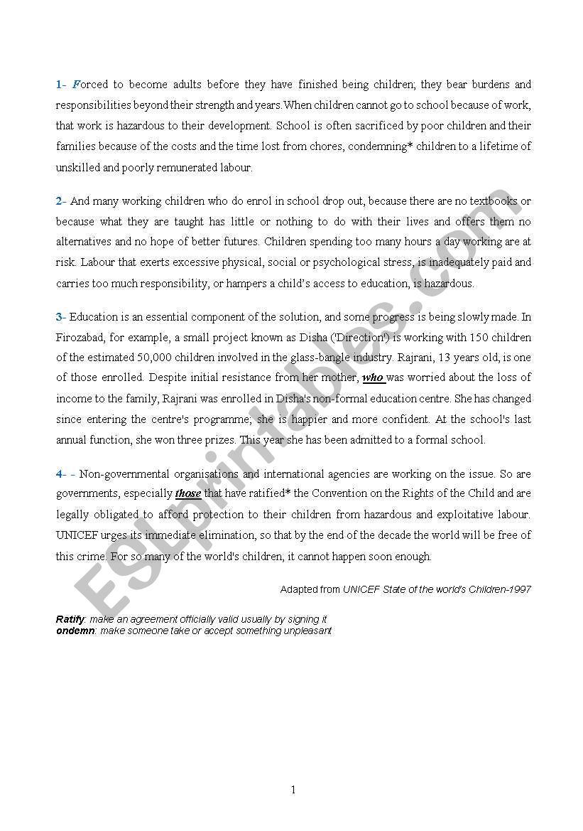 Child Labour worksheet