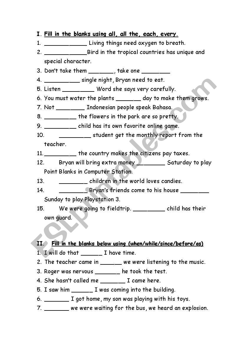 All, all the, each, every worksheet