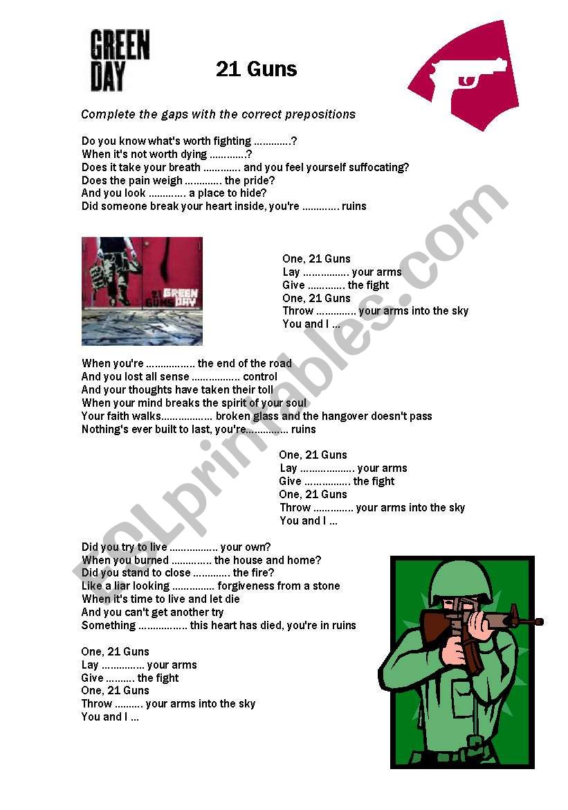 Green Day 21 Guns worksheet