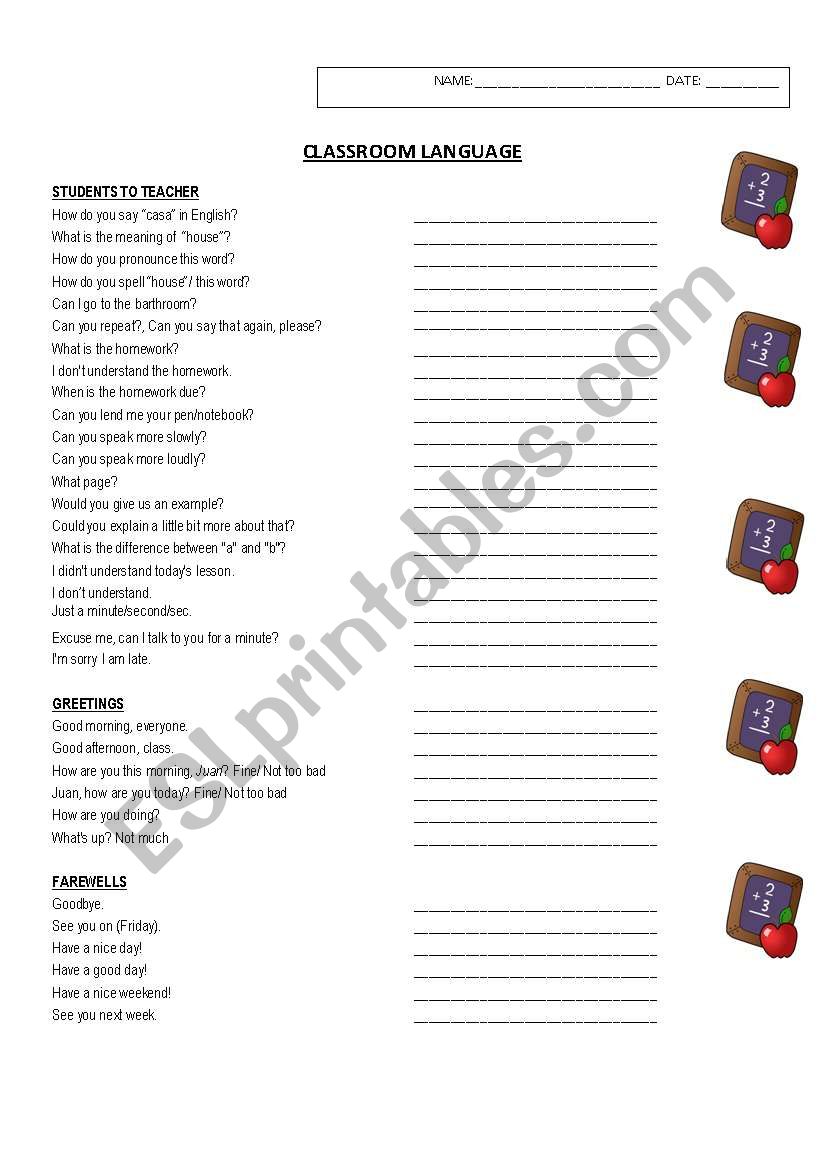 Classroom Language worksheet