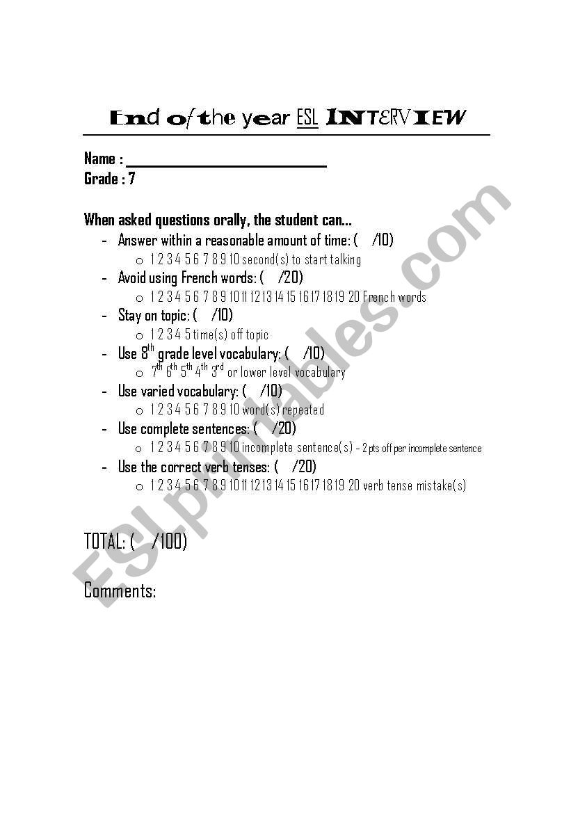 Oral Interview (Grade 7 - Canada)