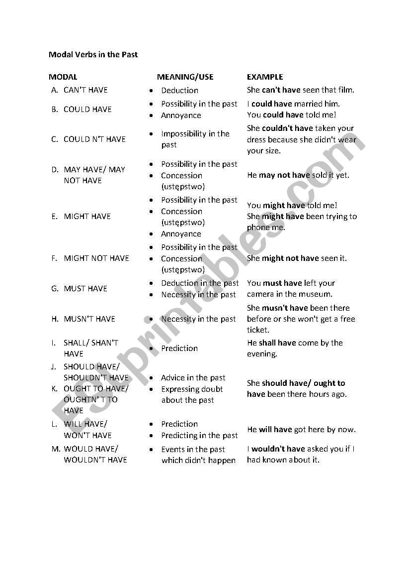 modal verbs in the past worksheet