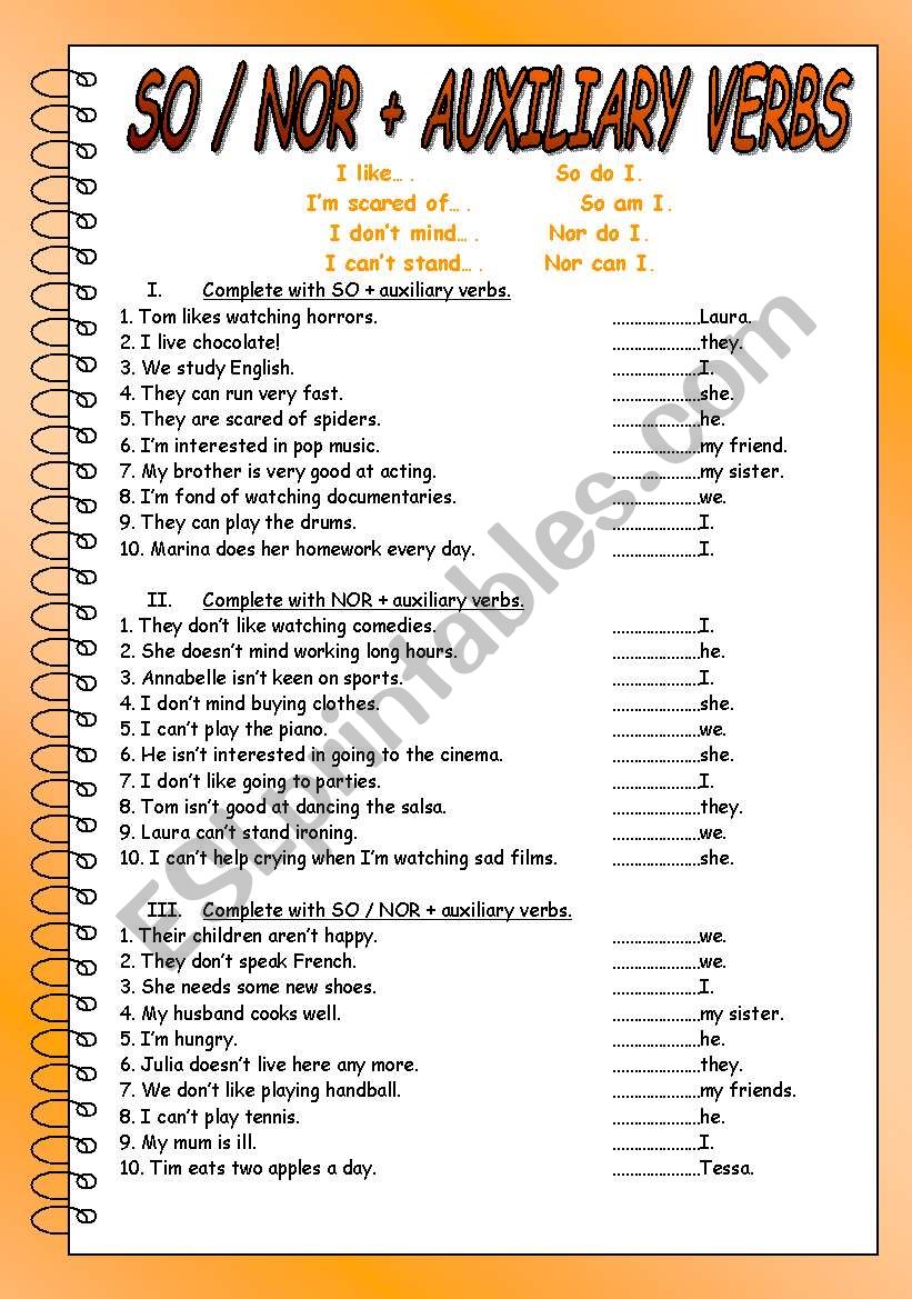 SO / NOR + AUXILIARY VERBS worksheet