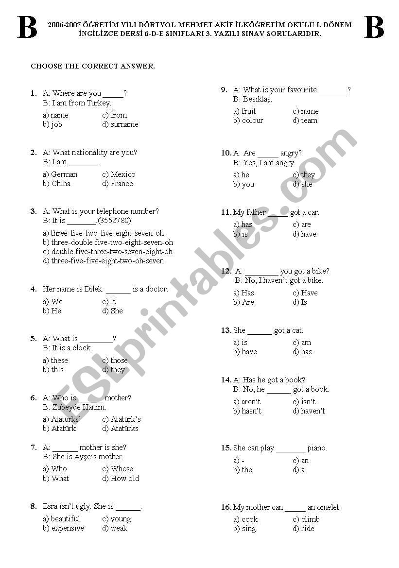 exam worksheet