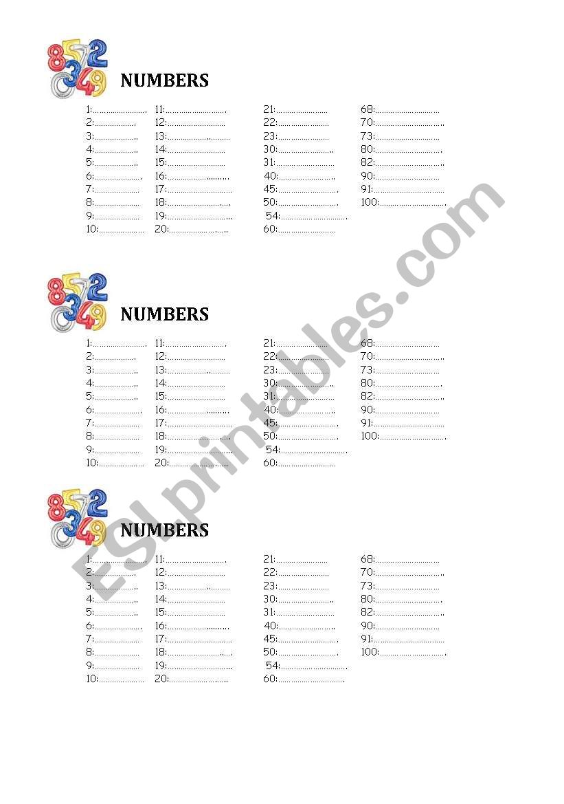 numbers worksheet