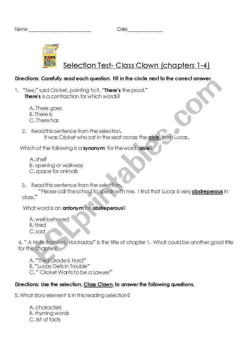 Class Clown- Selection test worksheet