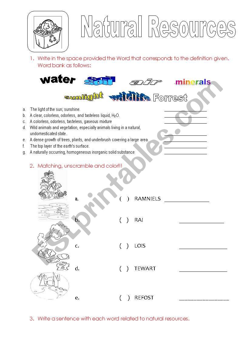 NATURAL RESOURCES FOR KIDS! worksheet