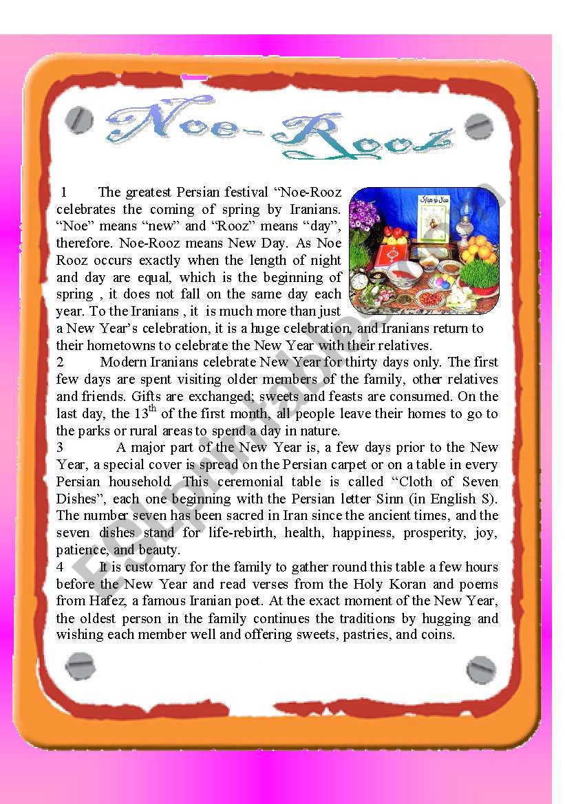 Reading Noe-Rooz Festivals worksheet