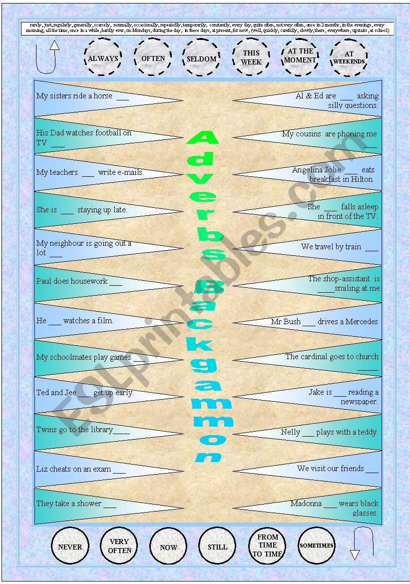Present Simple / Continuous + 2 ADVERBS BACKGAMMON GAME + 15 GAMES + 1 SPINNER + poster ((10 PAGES)) + BW