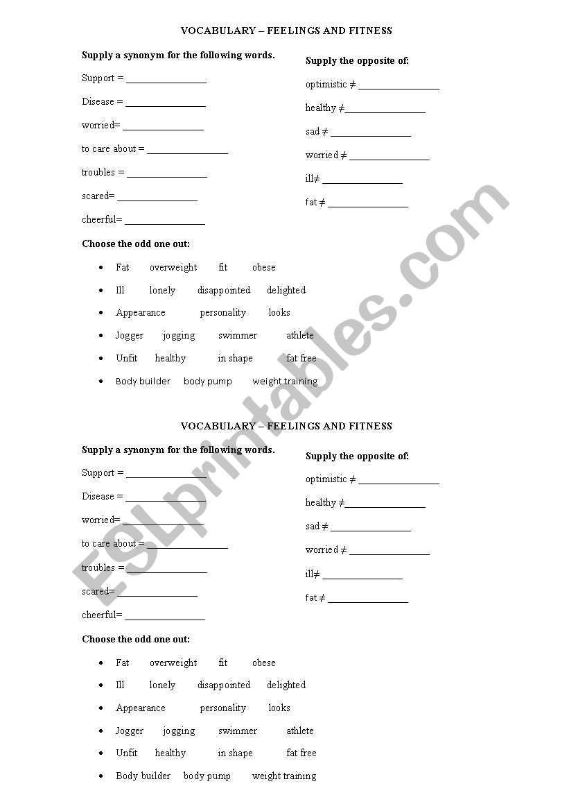 feelings and fitness worksheet