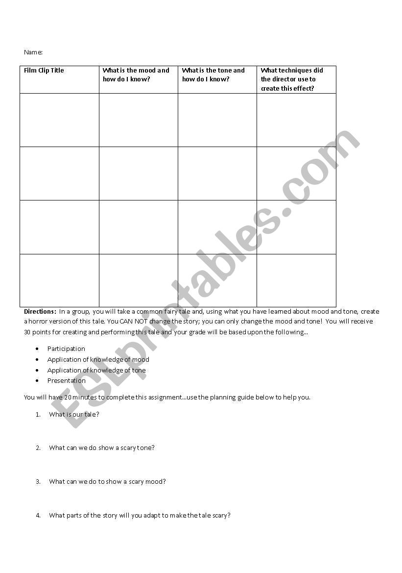 Film clip graphic organizer for mood and tone