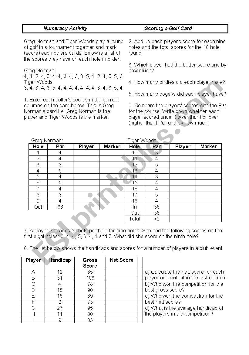 Scoring a Golf Card worksheet