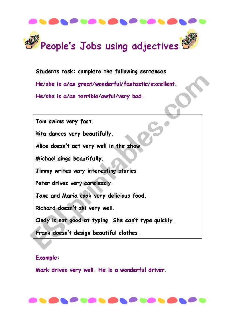 peoples job using adjectives worksheet