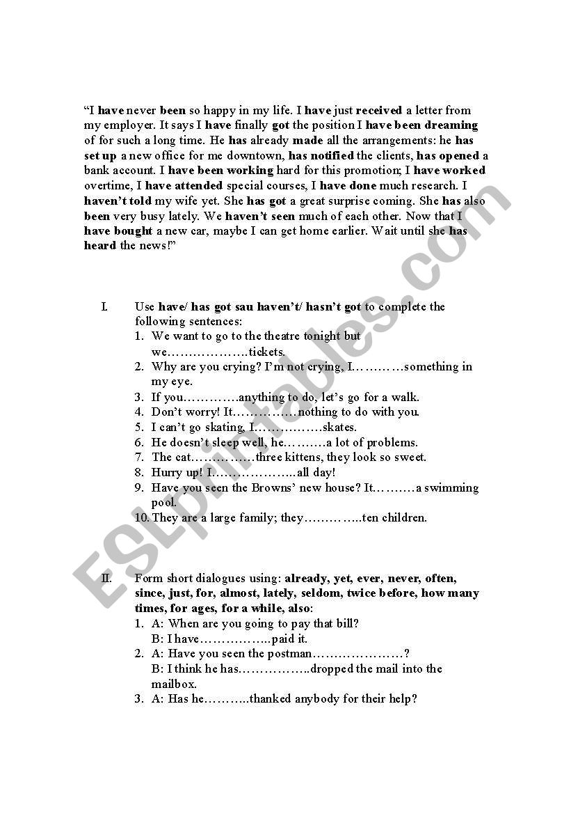 Present perfect worksheet