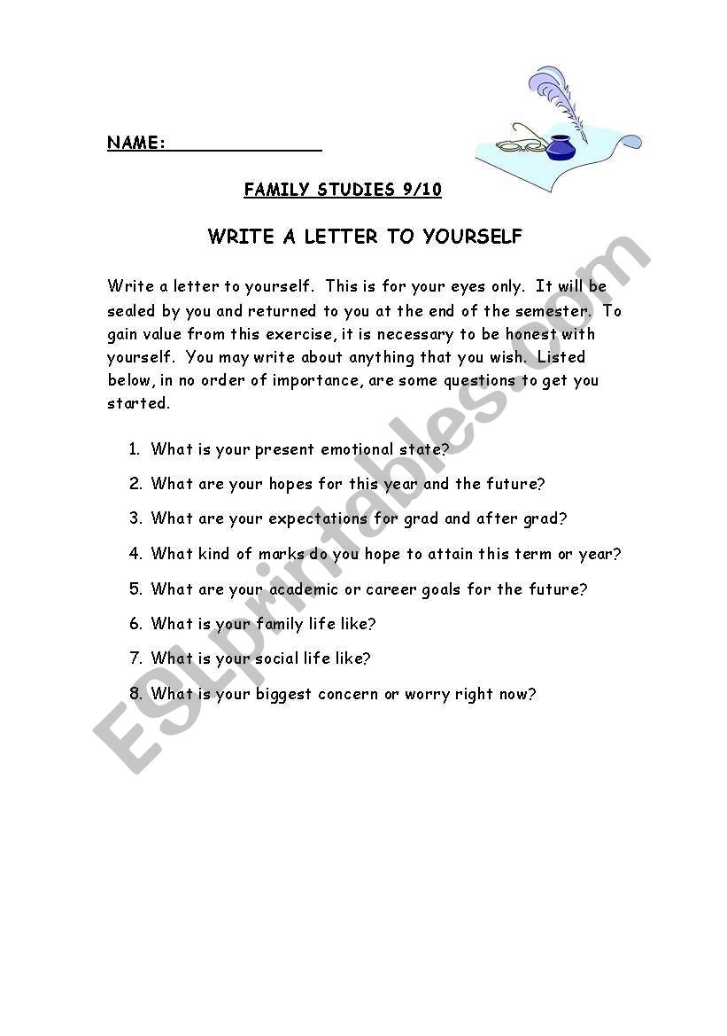 Write a letter to yourself worksheet