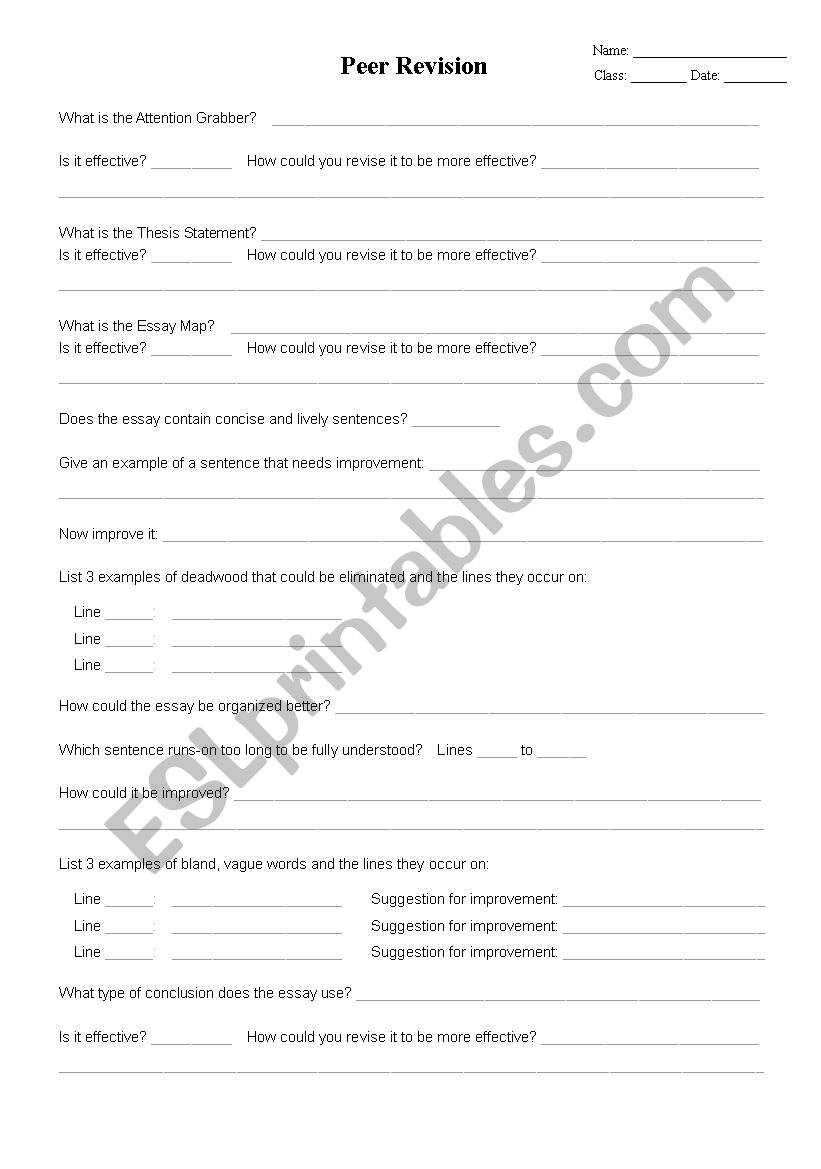 English Worksheets Essay Peer Review Worksheet