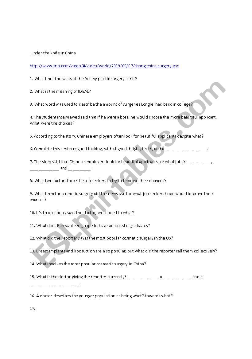 English Listening practice-- Under the Knife in China CNN vid quiz with quiz and transcript