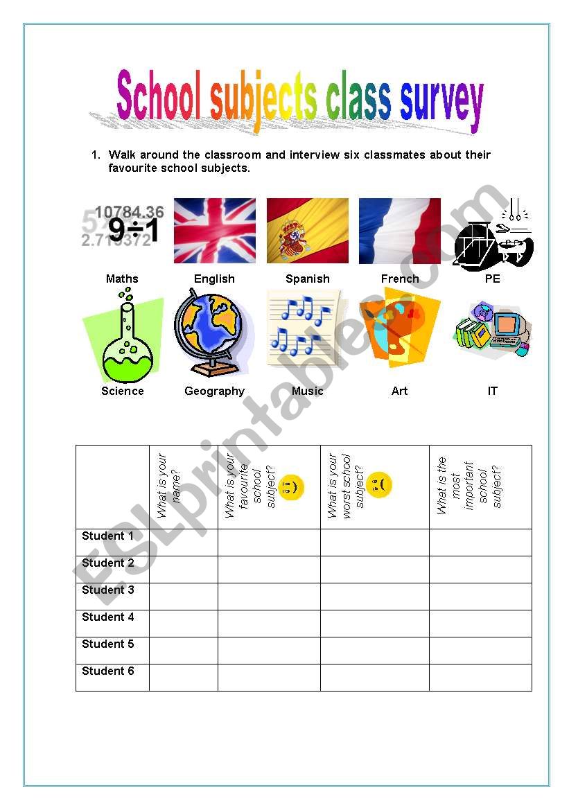 School subjects class survey worksheet