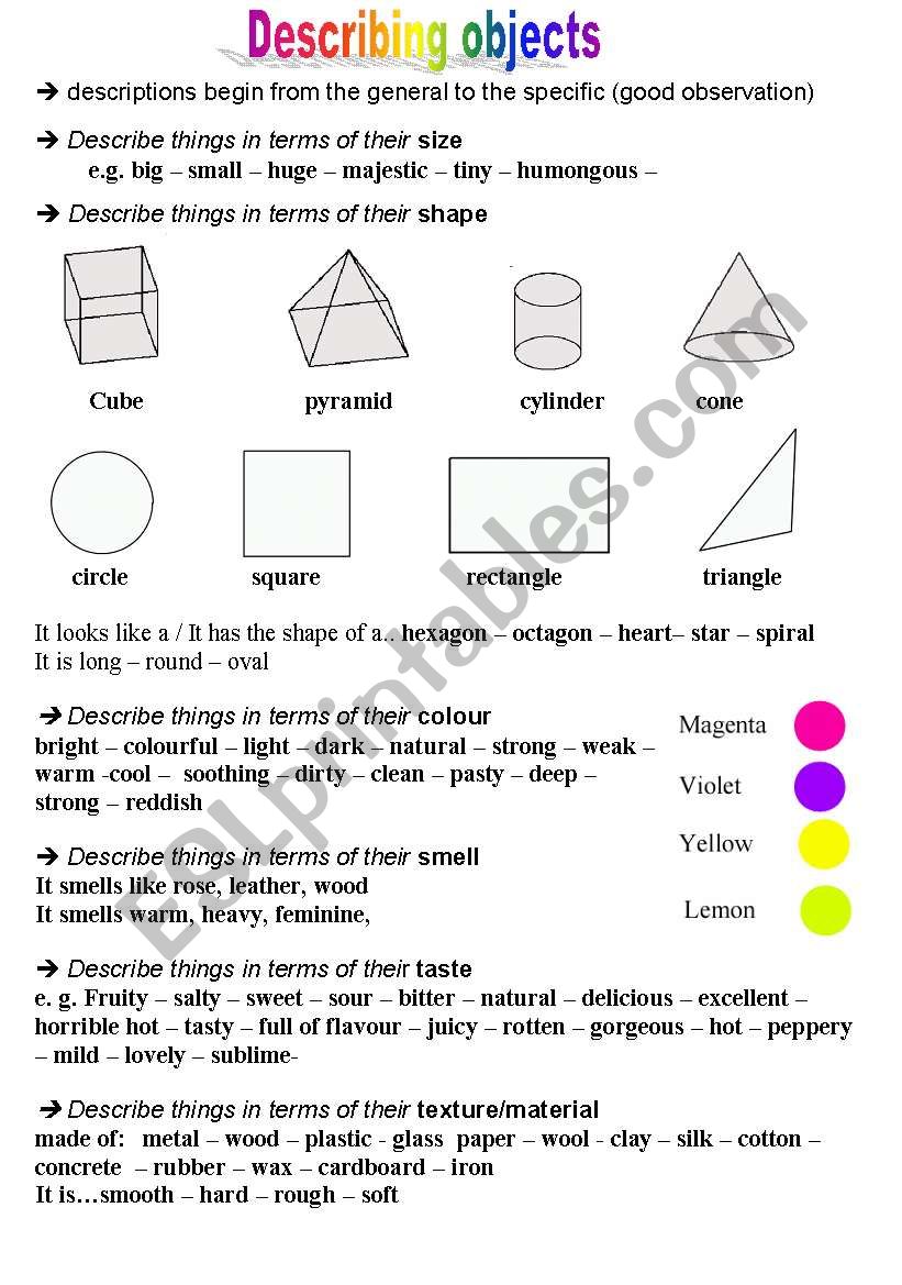 describing objects worksheet
