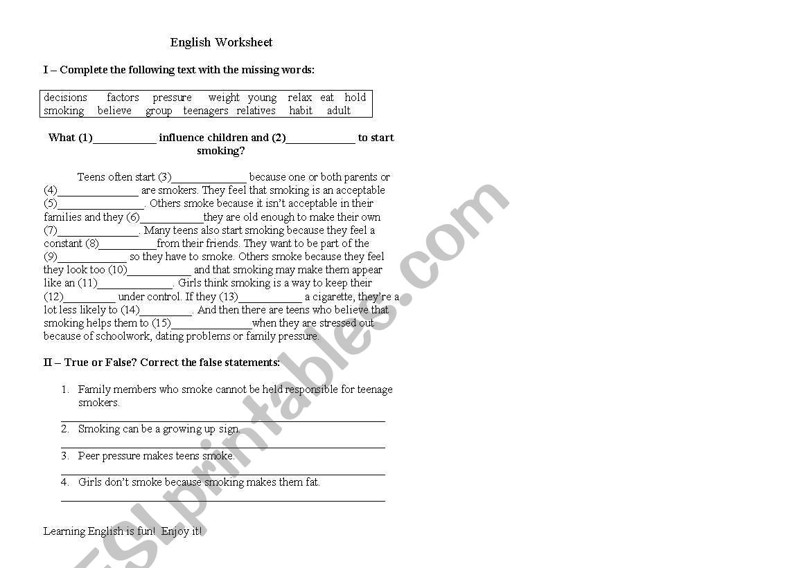 Teenagers and drugs worksheet