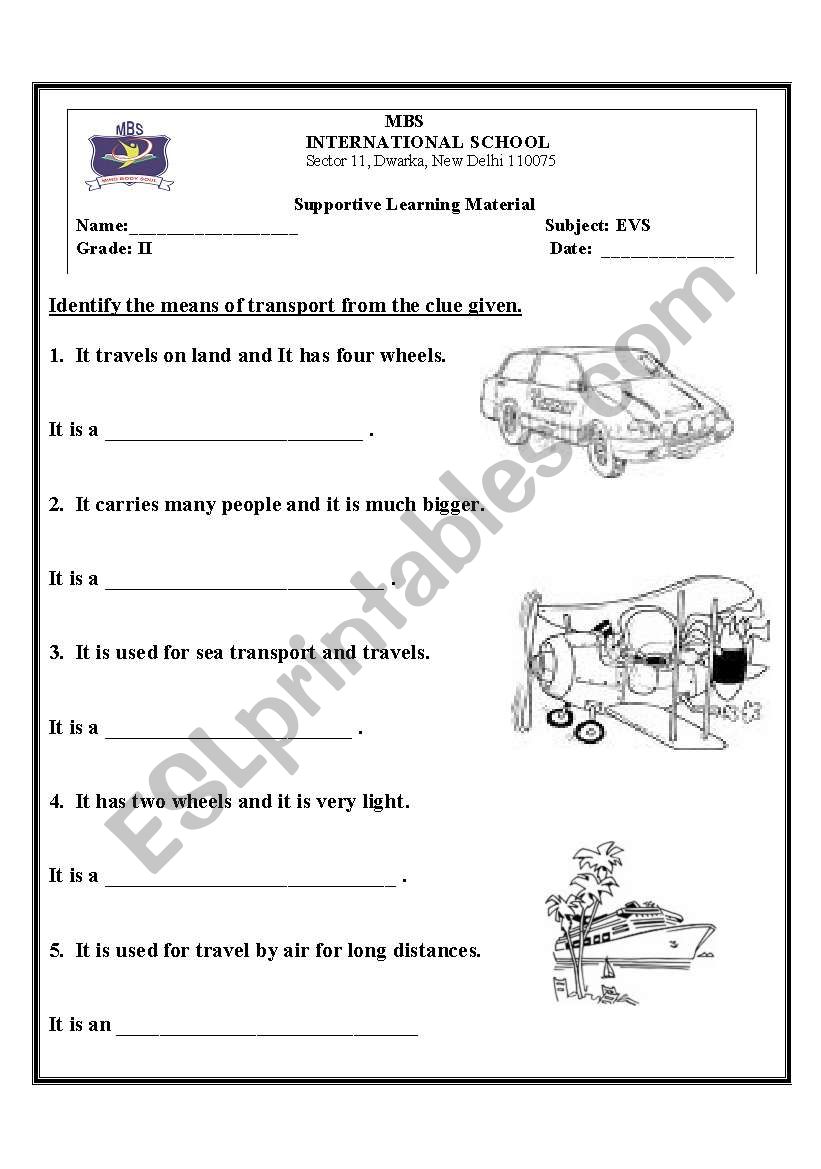 mean of transport worksheet