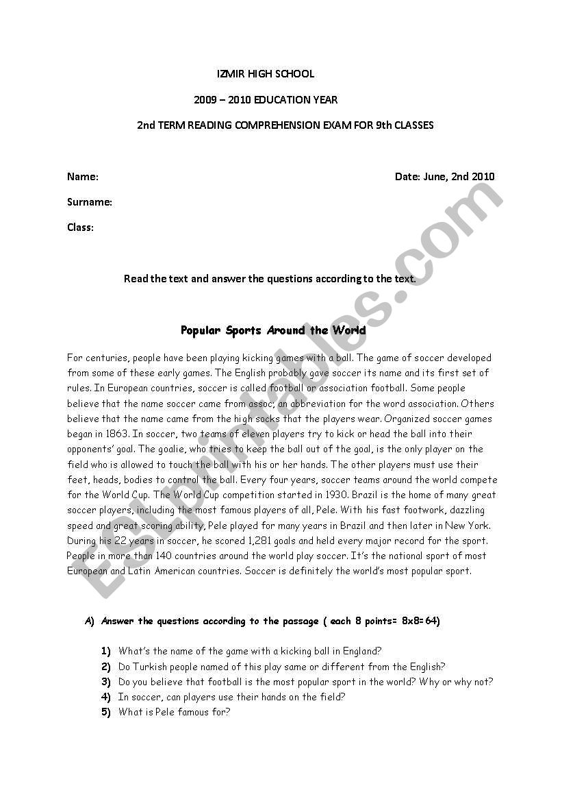 Reading test worksheet