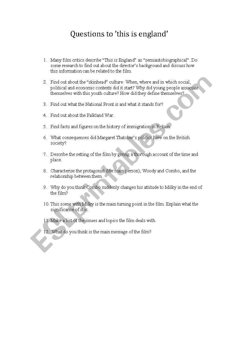 Worksheet - This is England (Film)