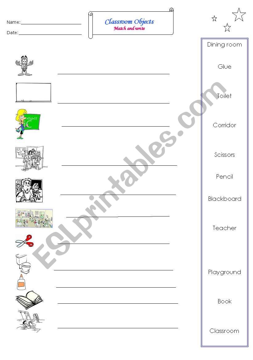 school objects worksheet