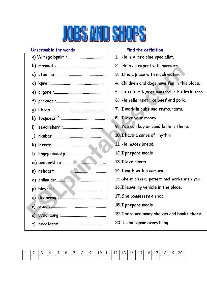 Jobs and shops worksheet