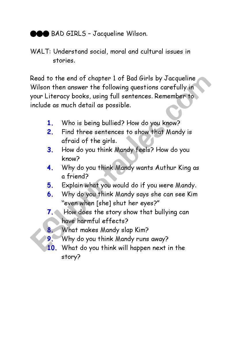 Bad Girls comprehension questions