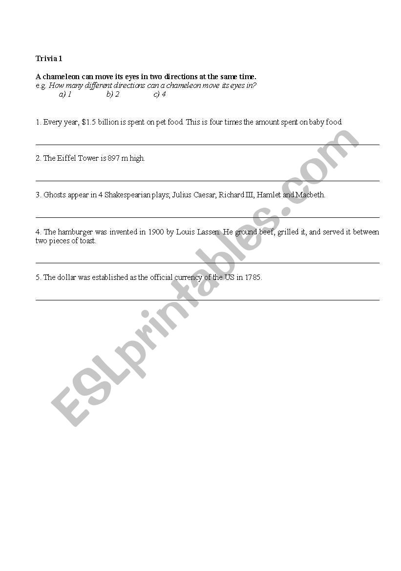 Trivia worksheet