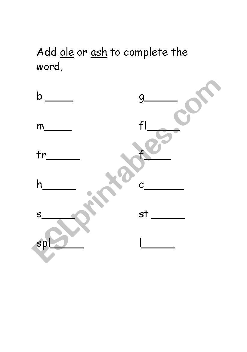 ale and ash word families worksheet