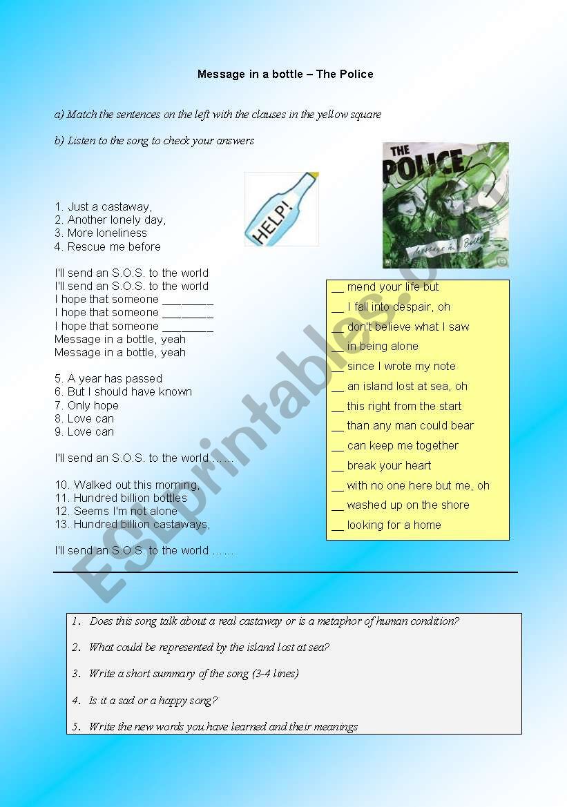 Police - Message in a Bottle worksheet