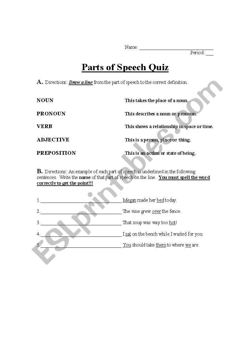 Parts of Speech Quiz worksheet